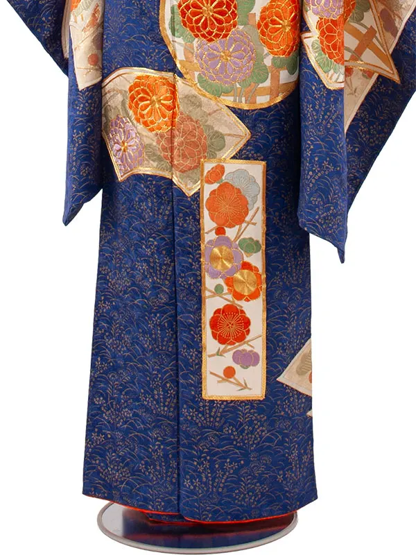 【正絹】ジュニア着物 紺地 梅 菊 C007