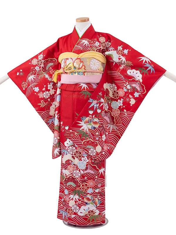 ジュニア着物 赤地 松竹梅 C008