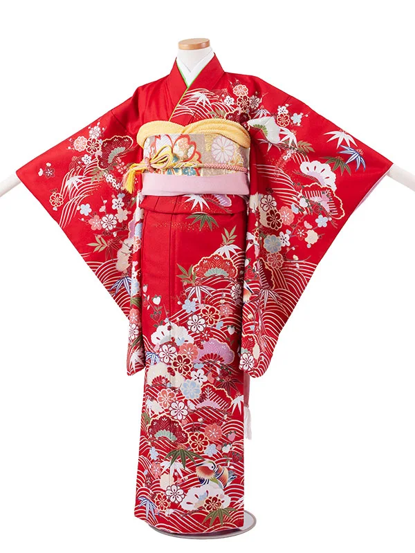 ジュニア着物 赤地 松竹梅 C008