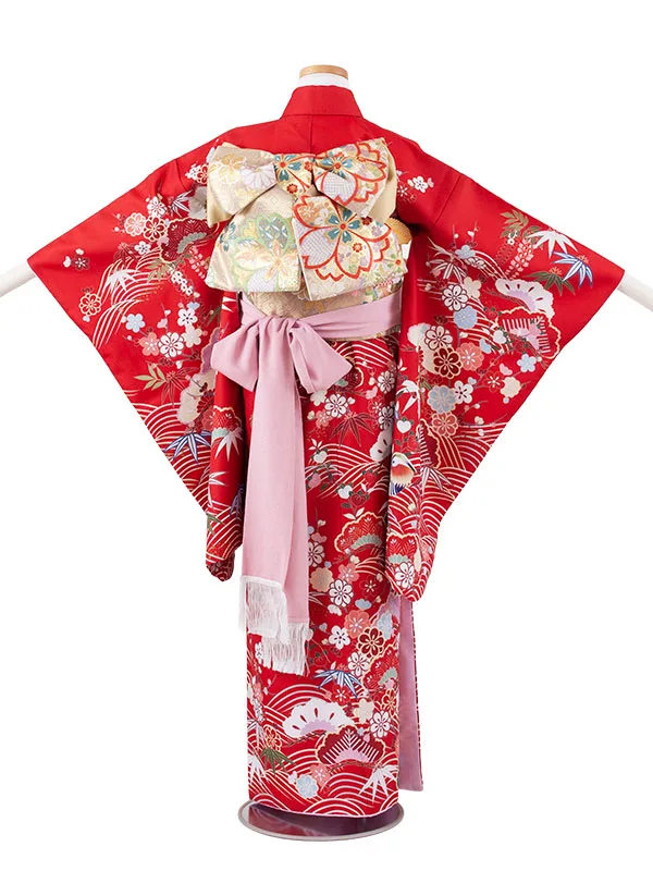 ジュニア着物 赤地 松竹梅 C008