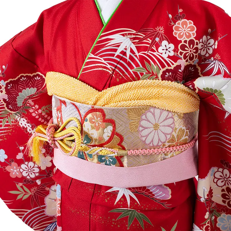 ジュニア着物 赤地 松竹梅 C008