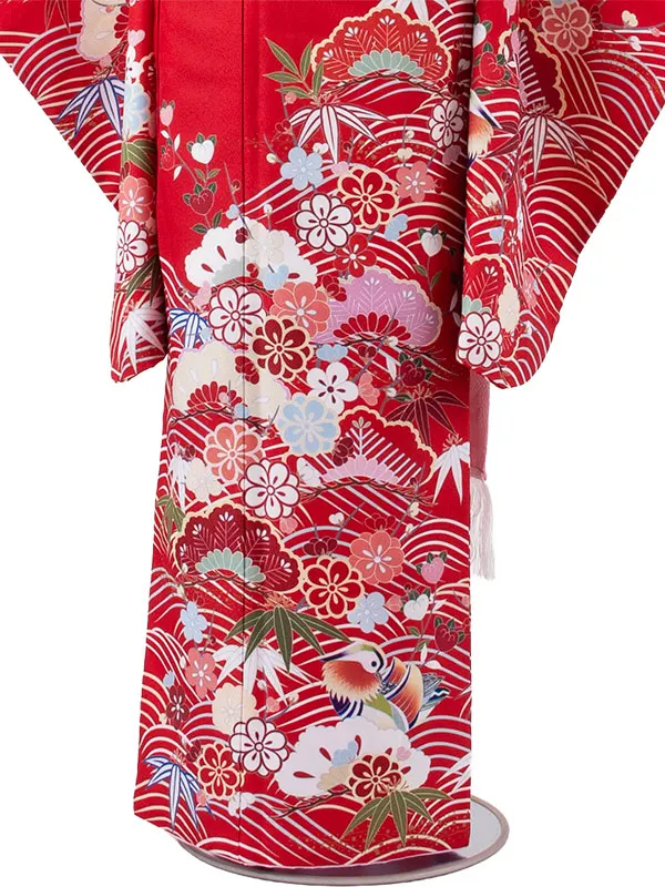 ジュニア着物 赤地 松竹梅 C008