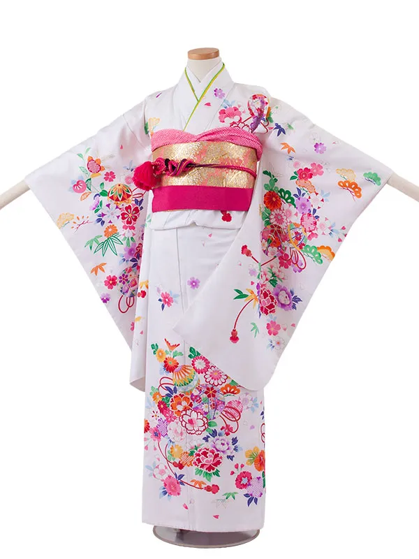 ジュニア着物 白地 鞠 牡丹 C009