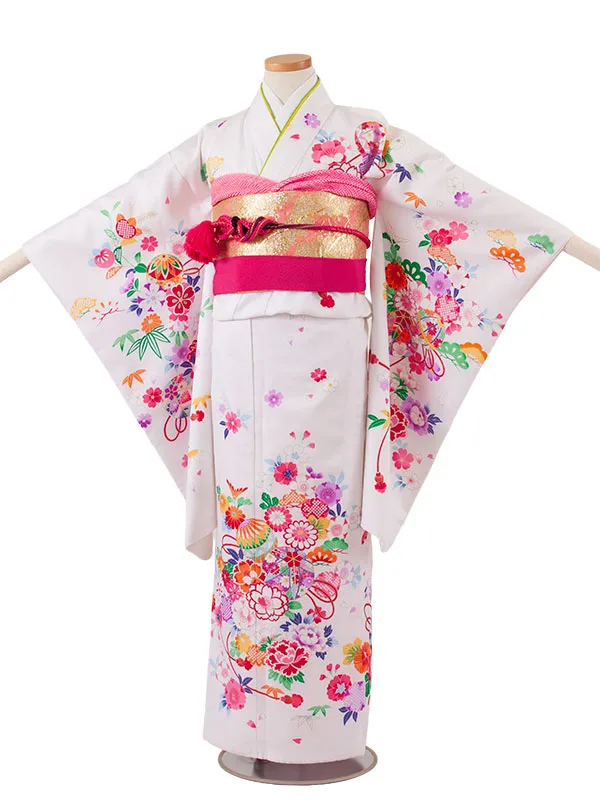 ジュニア着物 白地 鞠 牡丹 C009
