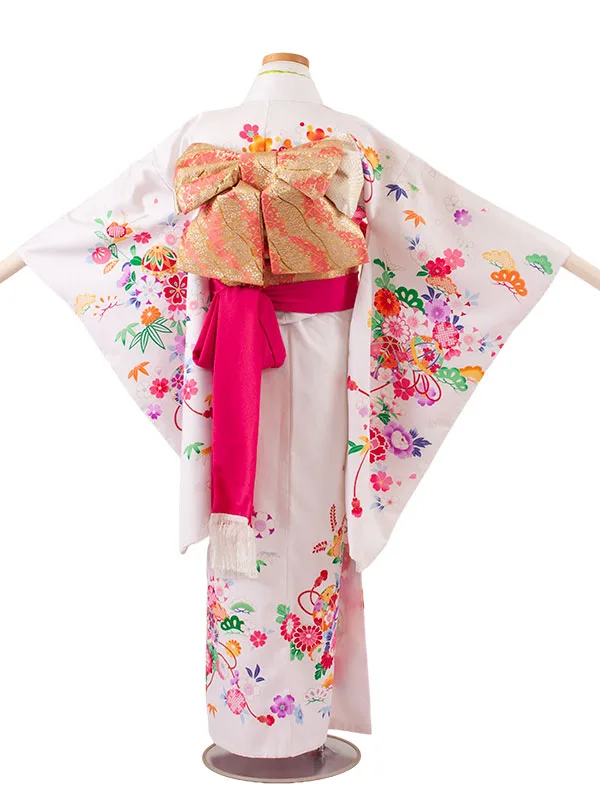 ジュニア着物 白地 鞠 牡丹 C009