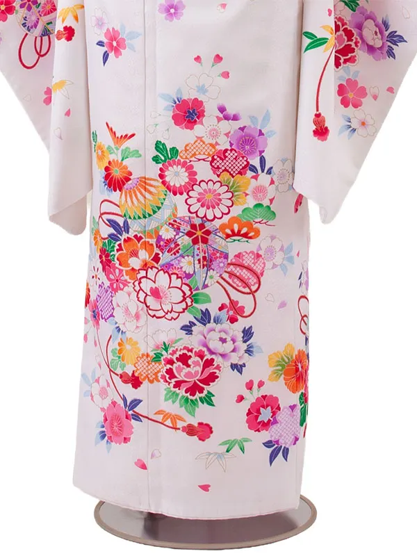 ジュニア着物 白地 鞠 牡丹 C009