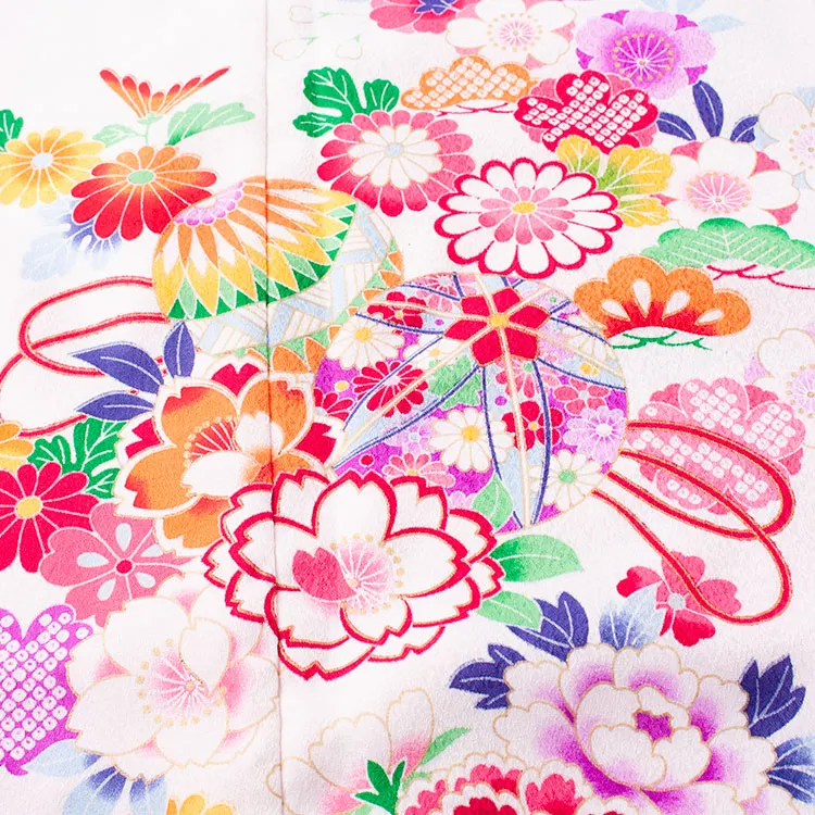 ジュニア着物 白地 鞠 牡丹 C009