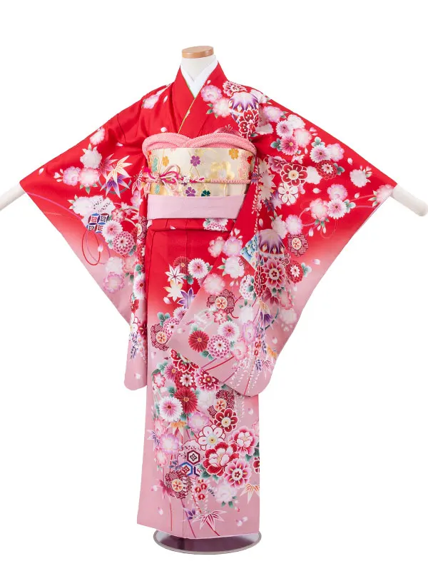 ジュニア着物 赤地 鞠 牡丹 C010