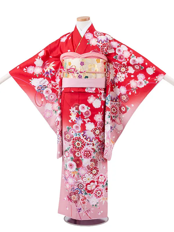 ジュニア着物 赤地 鞠 牡丹 C010