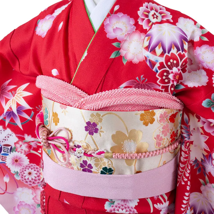 ジュニア着物 赤地 鞠 牡丹 C010