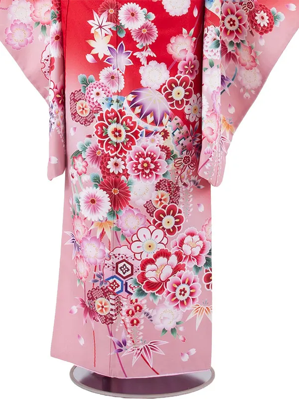 ジュニア着物 赤地 鞠 牡丹 C010