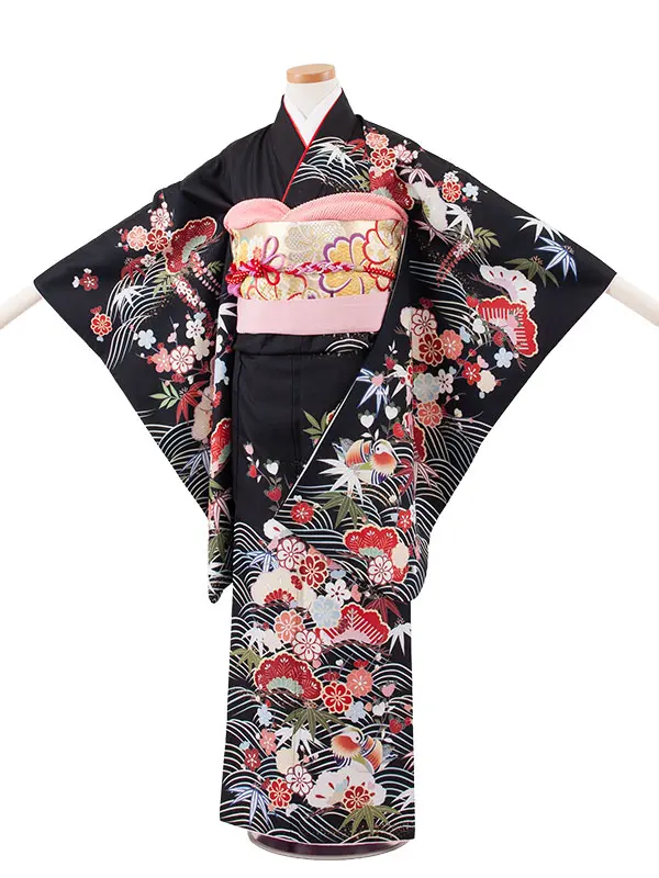 ジュニア着物 黒地 松竹梅 C011