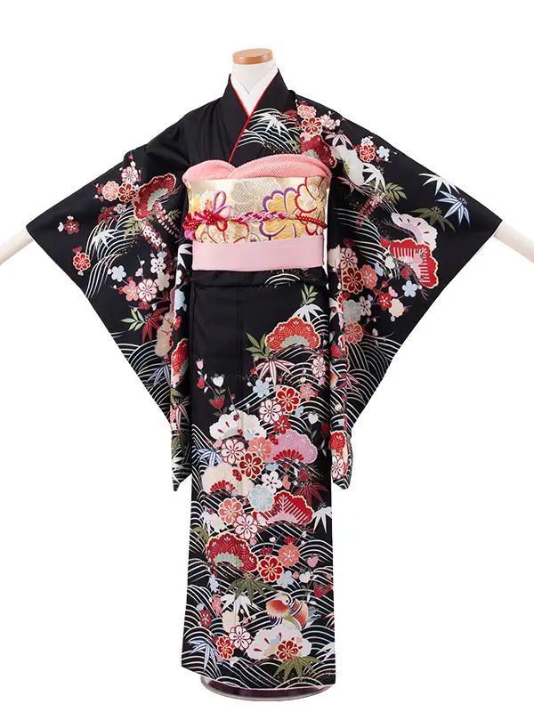 ジュニア着物 黒地 松竹梅 C011