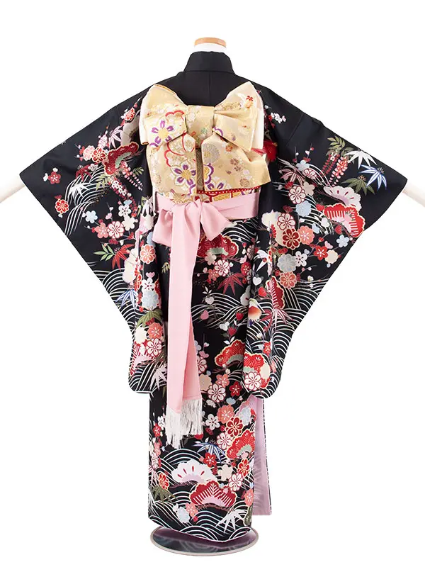 ジュニア着物 黒地 松竹梅 C011