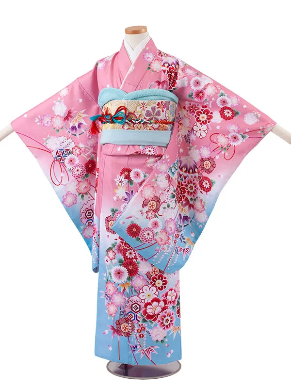 ジュニア着物 ピンク 鞠 牡丹 C012