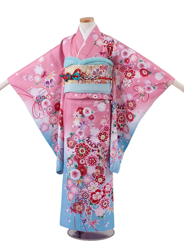 ジュニア着物 ピンク 鞠 牡丹 C012