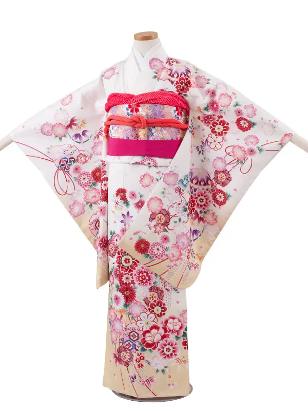 ジュニア着物 白地 鞠 牡丹 C013