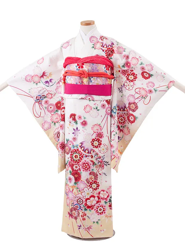ジュニア着物 白地 鞠 牡丹 C013