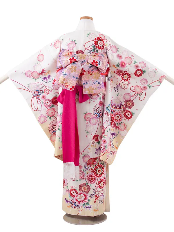 ジュニア着物 白地 鞠 牡丹 C013