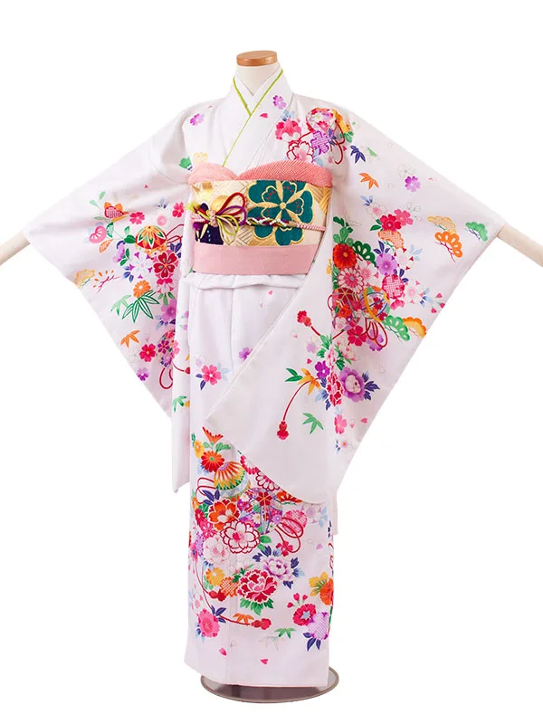 ジュニア着物 白地 鞠 牡丹 C014
