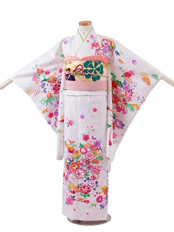ジュニア着物 白地 鞠 牡丹 C014