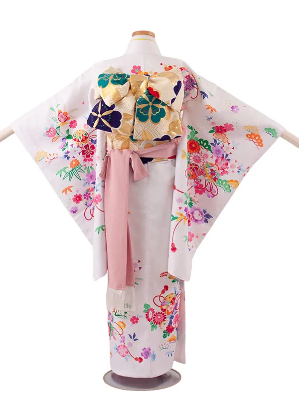 ジュニア着物 白地 鞠 牡丹 C014