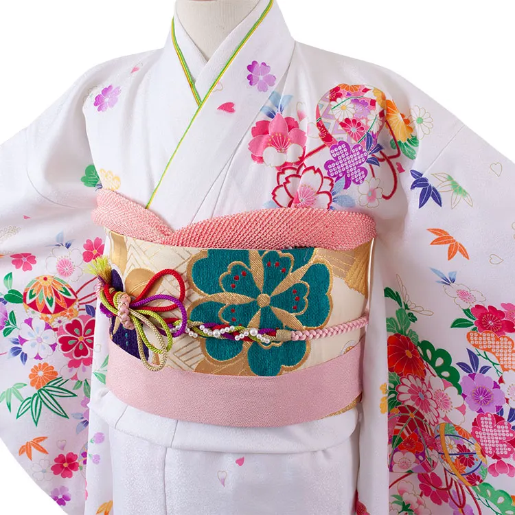 ジュニア着物 白地 鞠 牡丹 C014