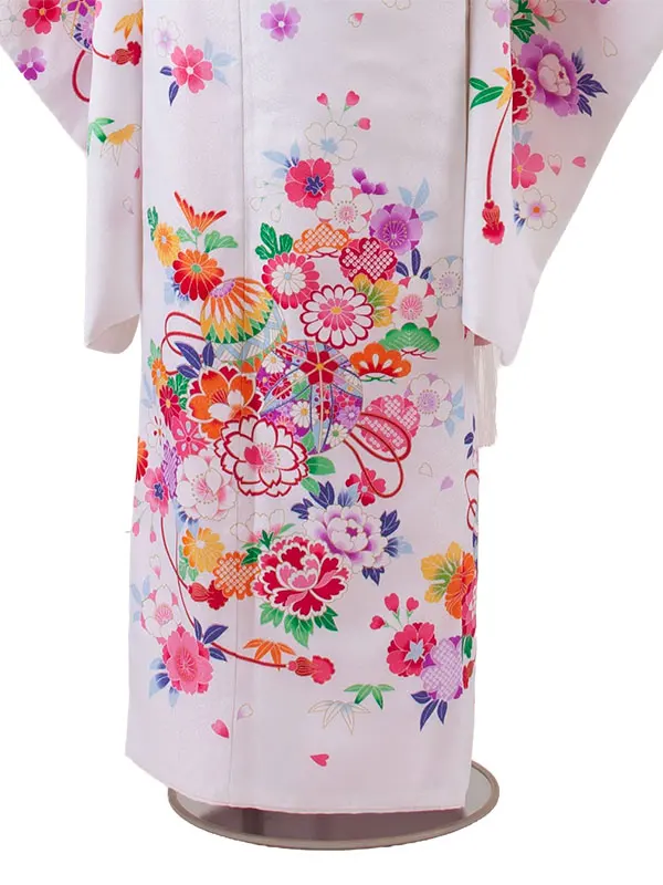 ジュニア着物 白地 鞠 牡丹 C014