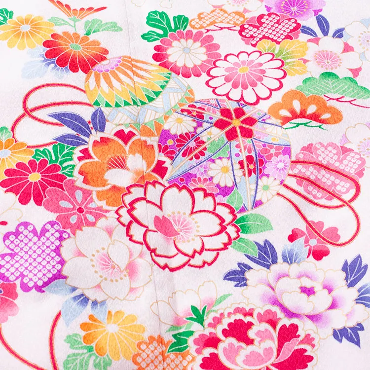 ジュニア着物 白地 鞠 牡丹 C014