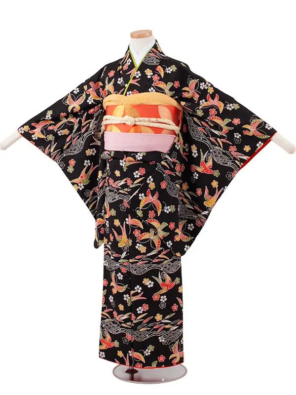 【正絹】ジュニア着物 黒地 つばめ C015