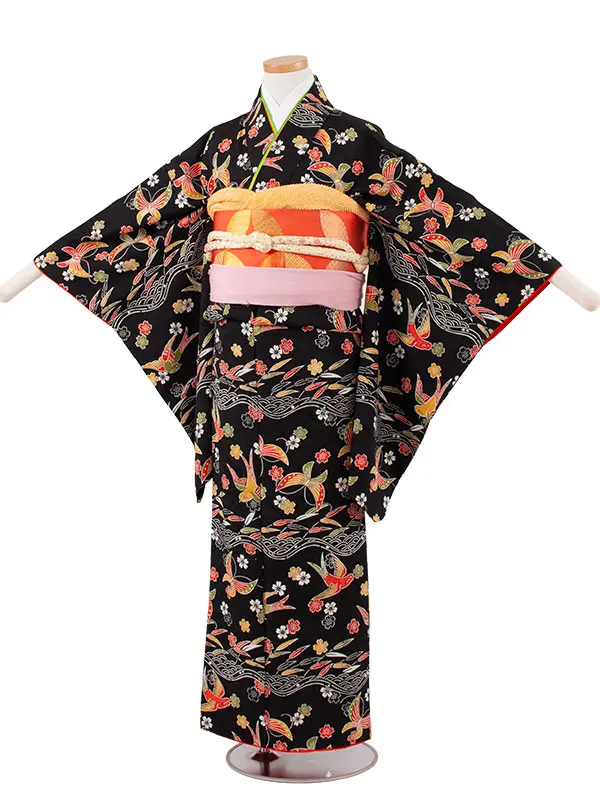 【正絹】ジュニア着物 黒地 つばめ C015