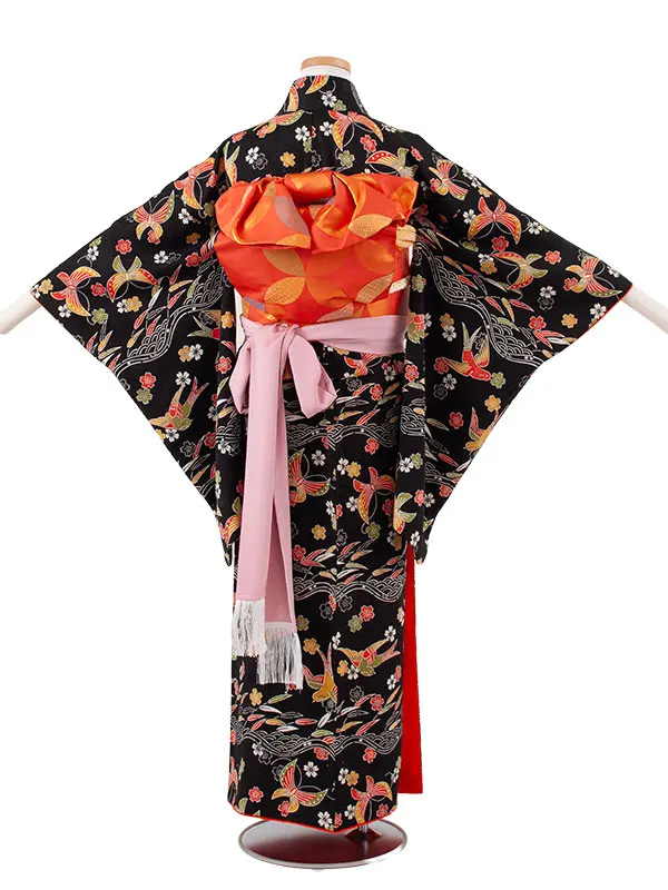 【正絹】ジュニア着物 黒地 つばめ C015