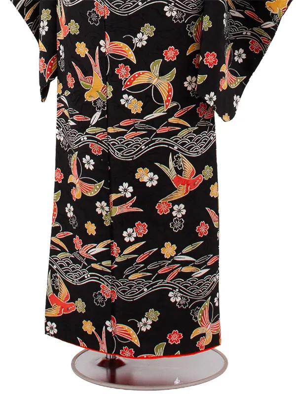 【正絹】ジュニア着物 黒地 つばめ C015