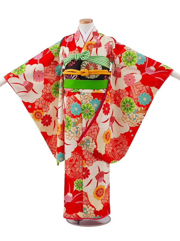 ジュニア着物 オレンジ 絞り調 椿 C016