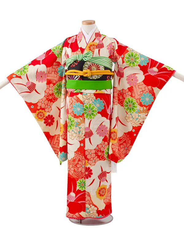 ジュニア着物 オレンジ 絞り調 椿 C016
