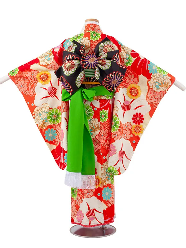 ジュニア着物 オレンジ 絞り調 椿 C016