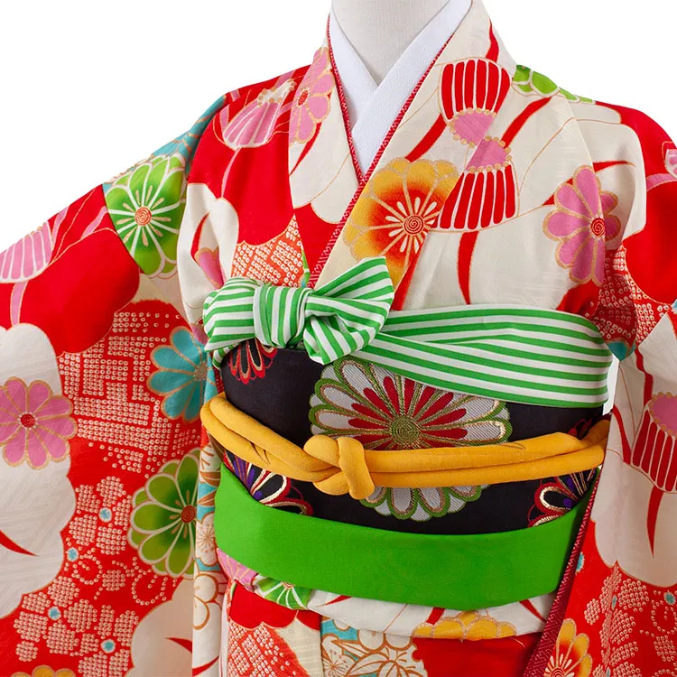 ジュニア着物 オレンジ 絞り調 椿 C016