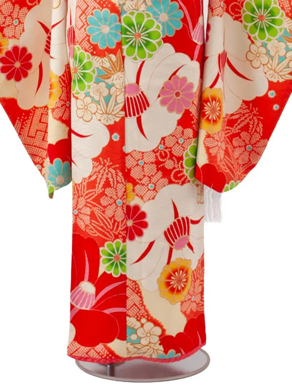 ジュニア着物 オレンジ 絞り調 椿 C016