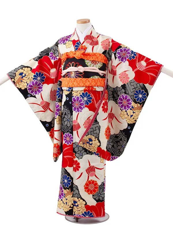 ジュニア着物 黒地 絞り調 椿 C017