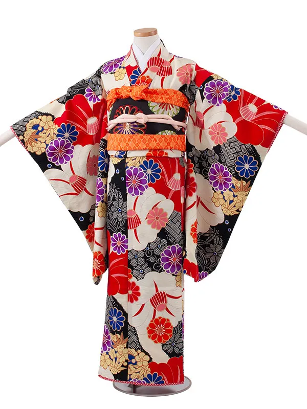 ジュニア着物 黒地 絞り調 椿 C017