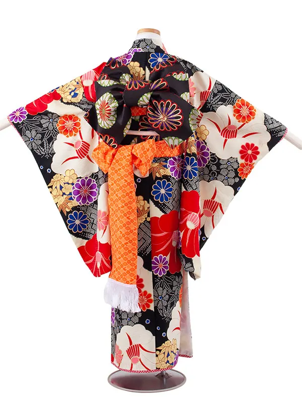 ジュニア着物 黒地 絞り調 椿 C017