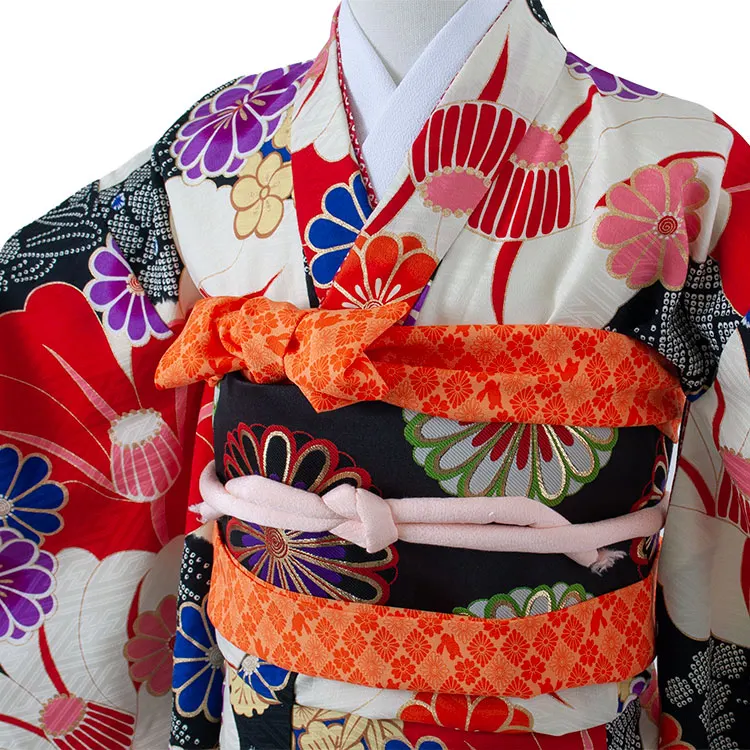 ジュニア着物 黒地 絞り調 椿 C017