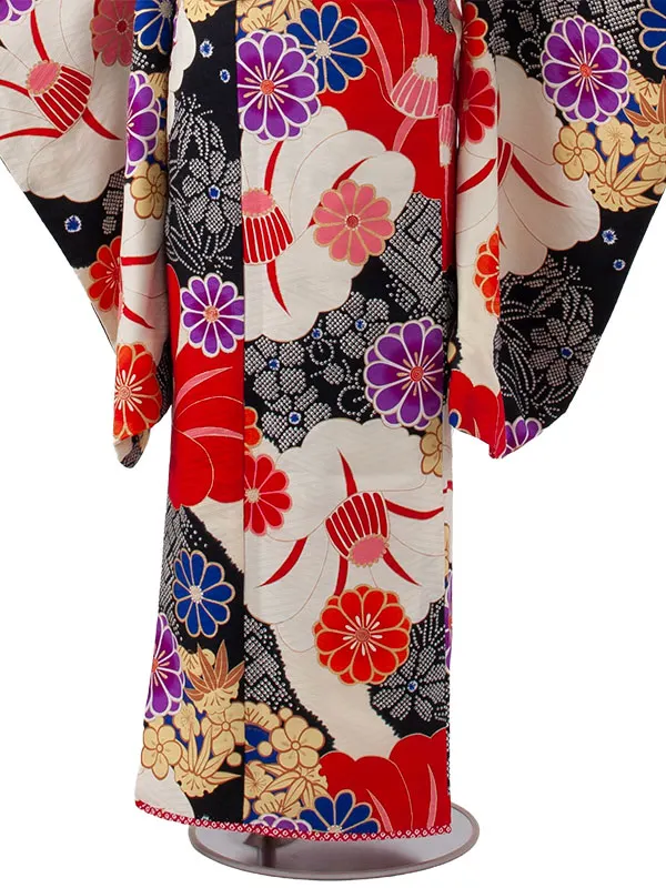 ジュニア着物 黒地 絞り調 椿 C017