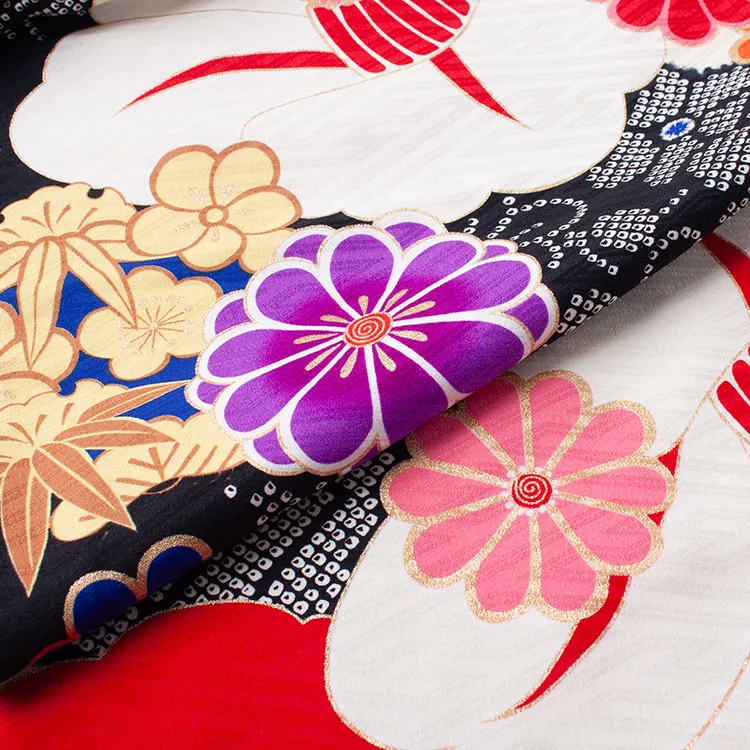 ジュニア着物 黒地 絞り調 椿 C017