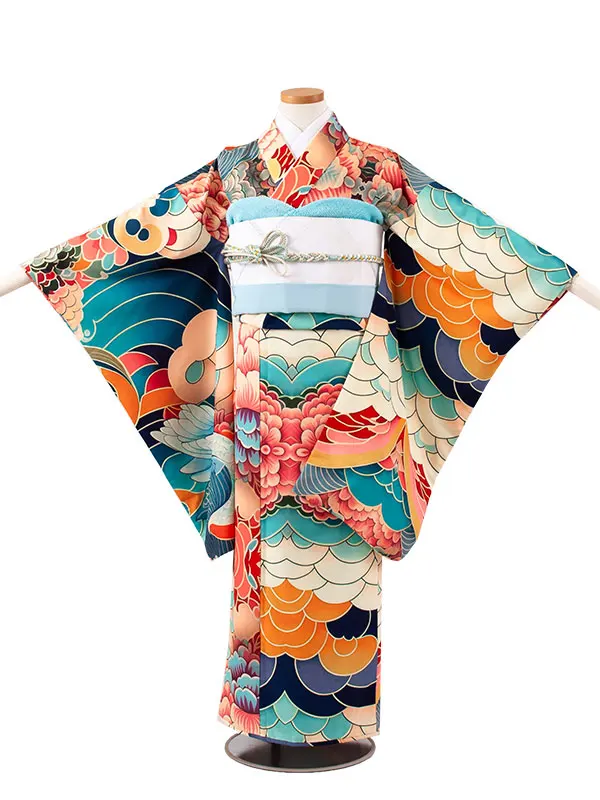 ジュニア着物 ベージュ 青海波 C018