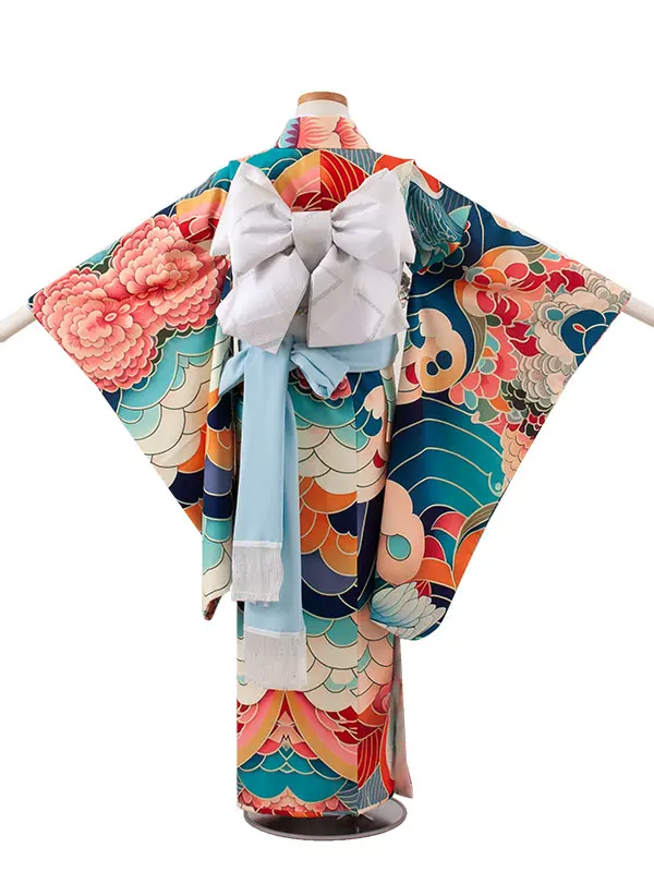 ジュニア着物 ベージュ 青海波 C018