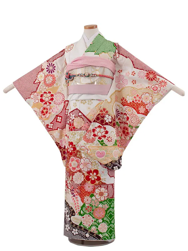 ジュニア着物 白地 しぼり調 桜 牡丹 C020