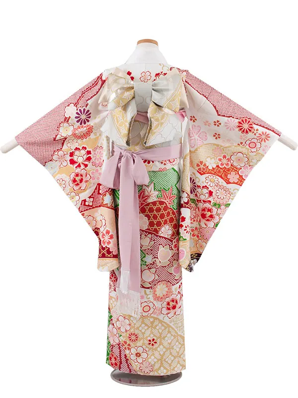 ジュニア着物 白地 しぼり調 桜 牡丹 C020