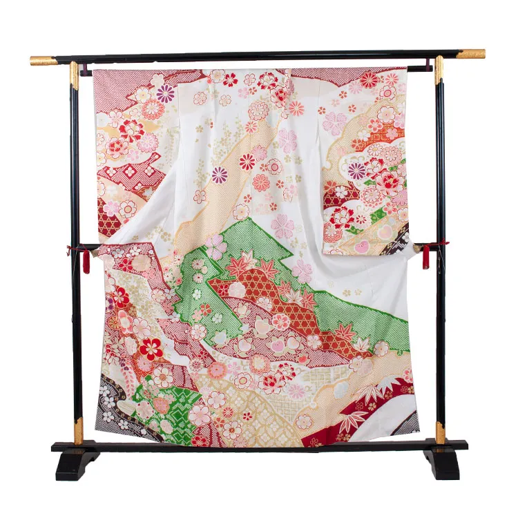 ジュニア着物 白地 しぼり調 桜 牡丹 C020