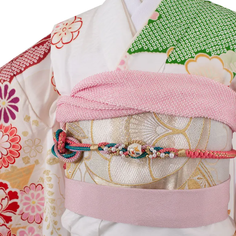 ジュニア着物 白地 しぼり調 桜 牡丹 C020